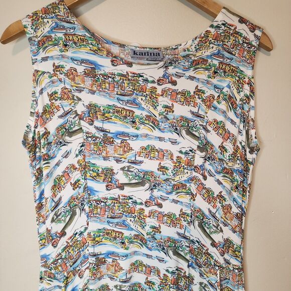 Vintage Karina Dress Italian Venice Scenic Print Vacation Boho Womens Large - Picture 3 of 16